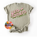 Gray t-shirt with 'yes + amen' text on a white background