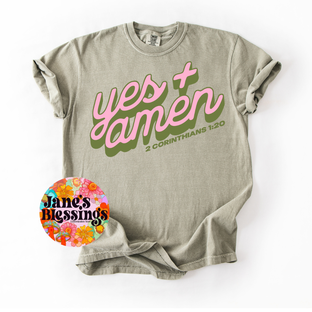 Gray t-shirt with 'yes + amen' text on a white background