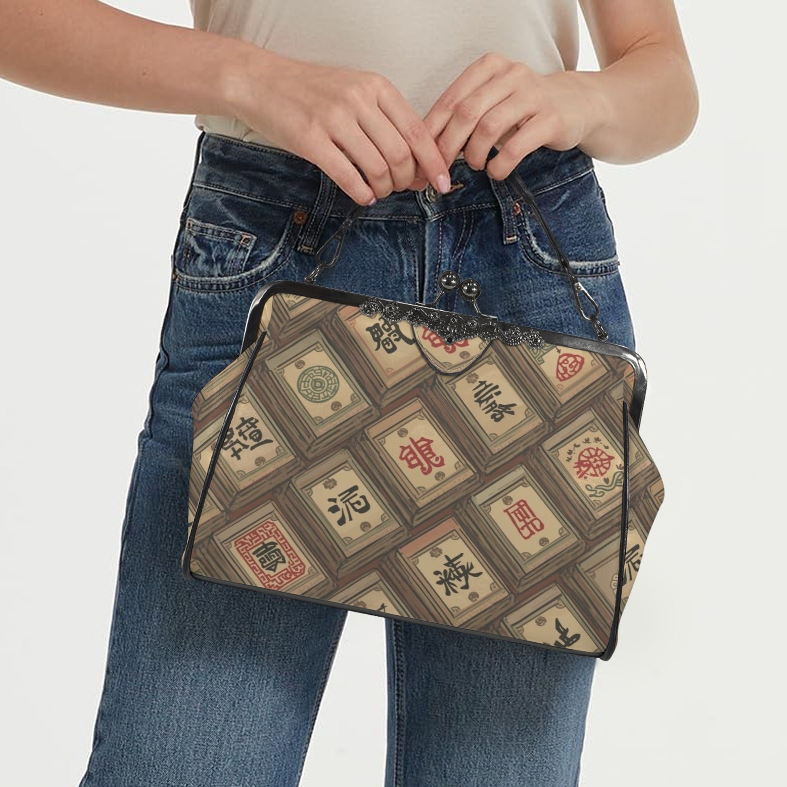 Mahjong Tile Vintage Kisslock Crossbody Shoulder Bag, Trendy And Stylish