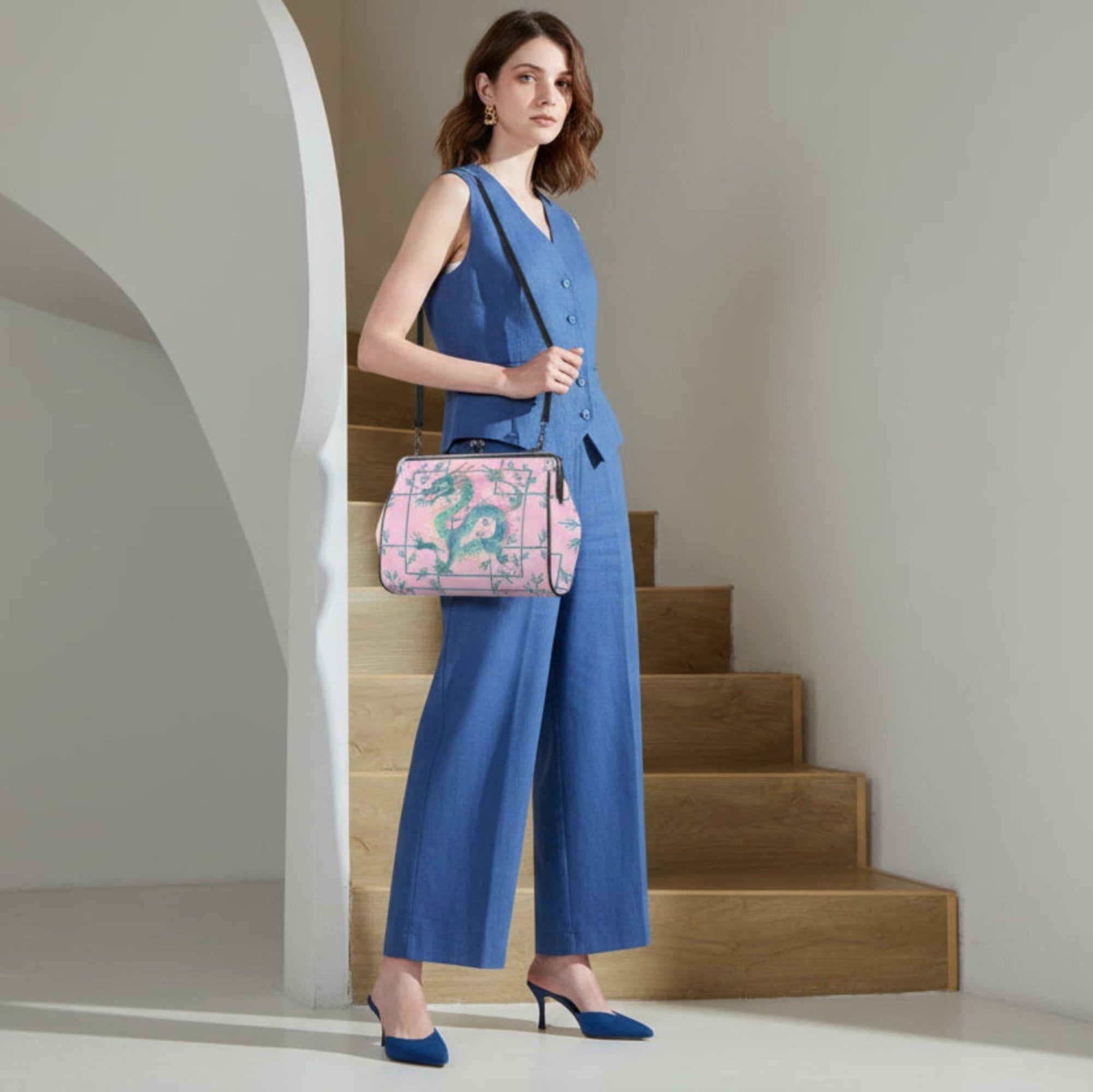 Hot Pink Watercolor Dragon Preppy Kisslock Handbag, Shoulder Bag Kisslock Crossbody Shoulder Bag