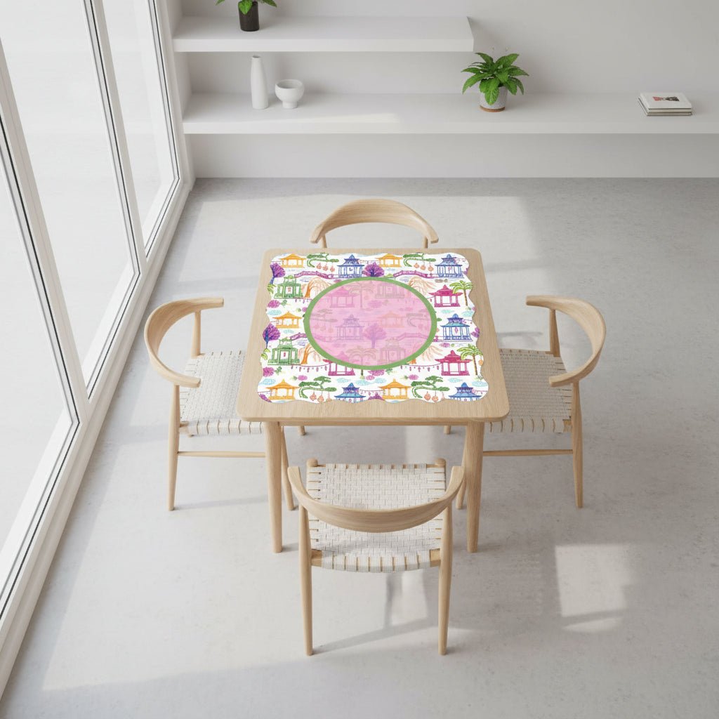 Chinoiserie Asian Gardens, Pagoda, Lantern Lavender And Blue Scalloped Mahjong Mat