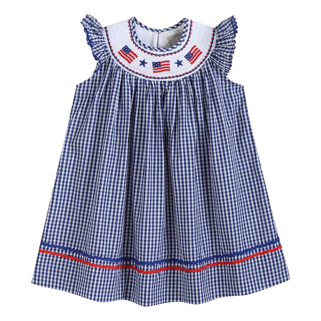 4th of July Royal Blue Gingham American Flag Smocked Bishop Dress