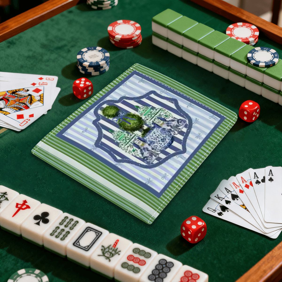 Chinoiserie Staffordshire Dogs Green Blue Striped 4 Mahjong Card Holder with Line Finder