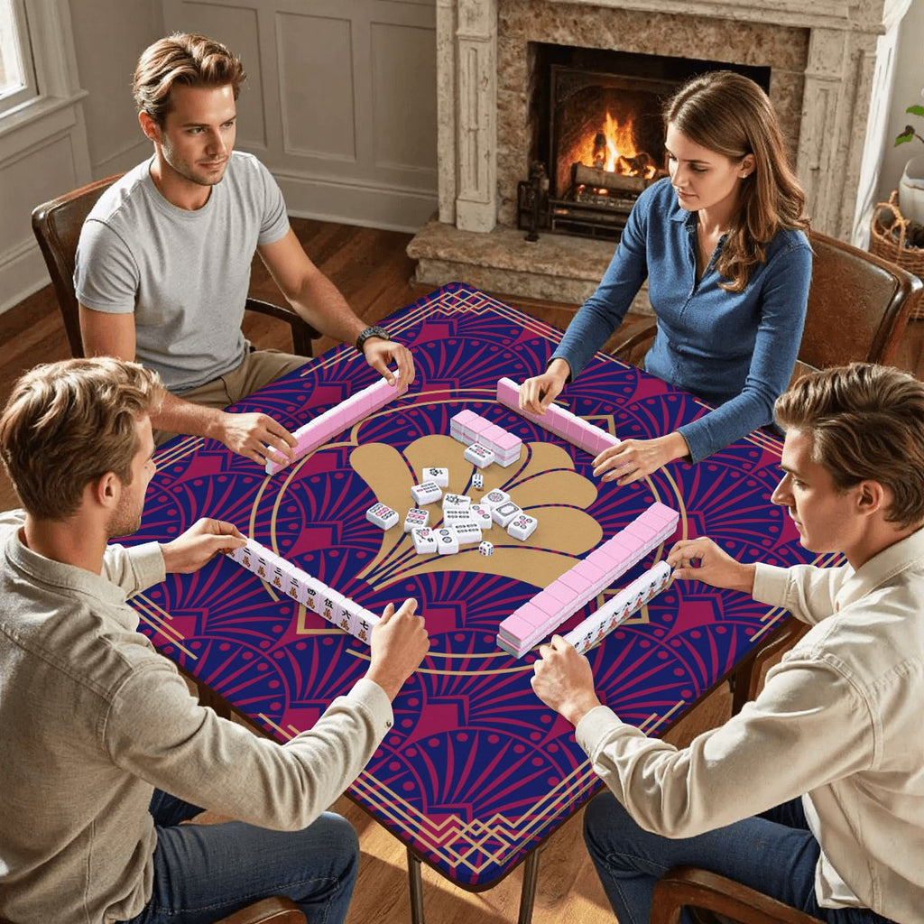 Art Deco Mahjong Mat, Blue Burgundy Gold Gilded