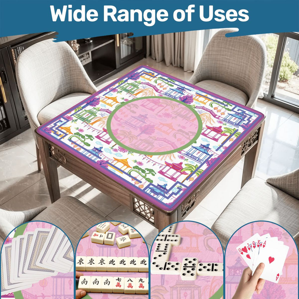 Asian Chinoiserie Gardens, Pagoda, Lantern Lavender And Blue Mahjong Mat