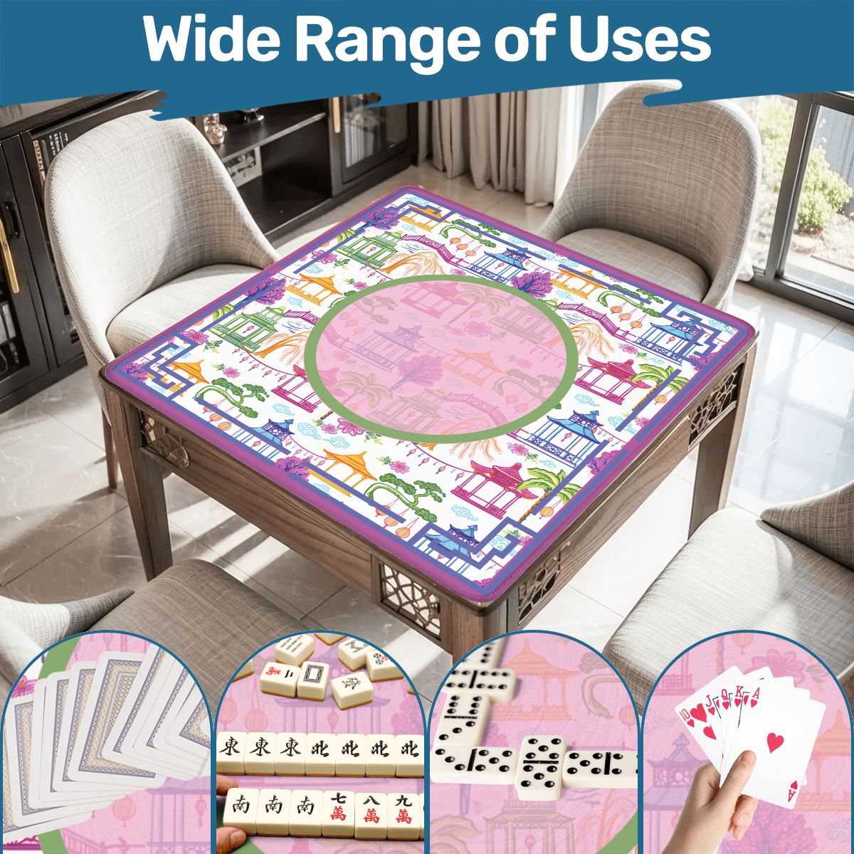 Asian Chinoiserie Gardens, Pagoda, Lantern Lavender And Blue Mahjong Mat
