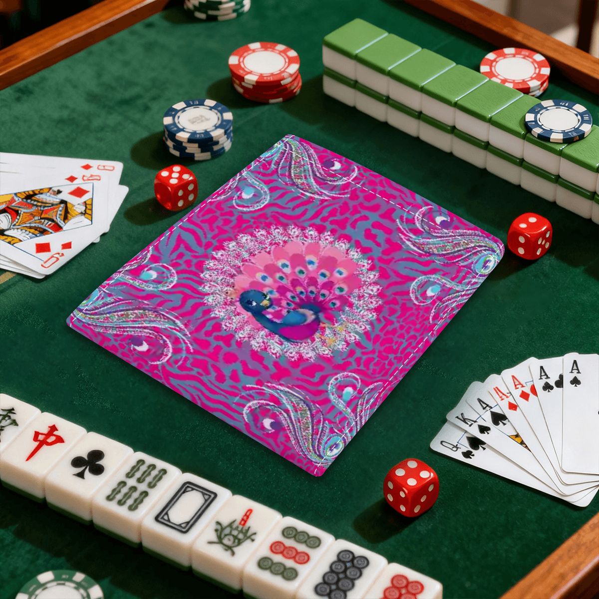 Playful Peacock Floral Hot Pink, 4 Mahjong Card Holder with Line Finder