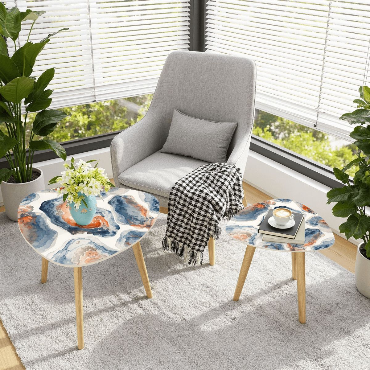 Watercolor Blue Oyster Modern Nesting Tables Triangle Coffee Table Set of 2