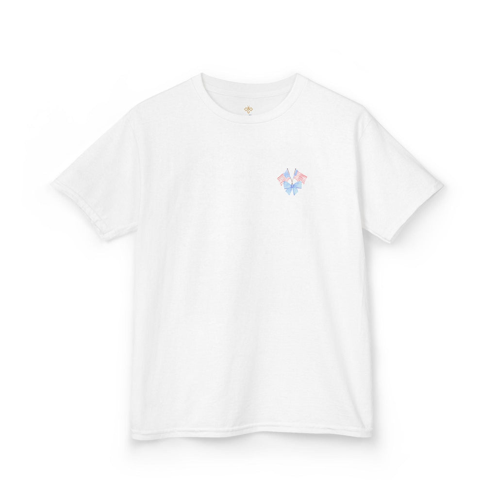 Bee Patriotic American Flag with Bow Girls Short Sleeve Youth Heavy Cotton Gildan Hive Tee
