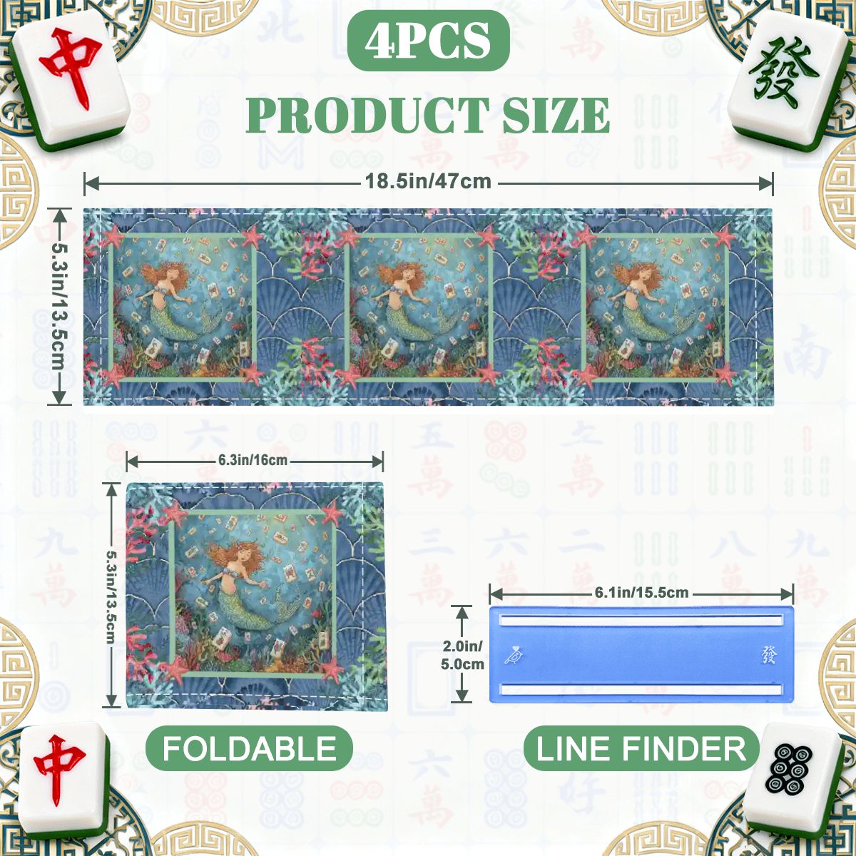Under The Sea Mermaid Designed 4 Mahjong Card Holder with Line Finder