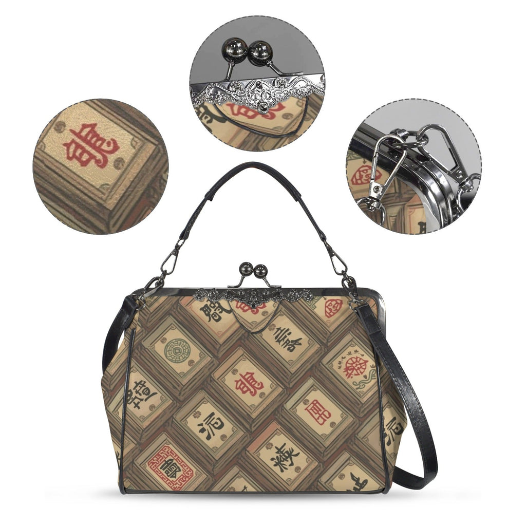 Mahjong Tile Vintage Kisslock Crossbody Shoulder Bag, Trendy And Stylish