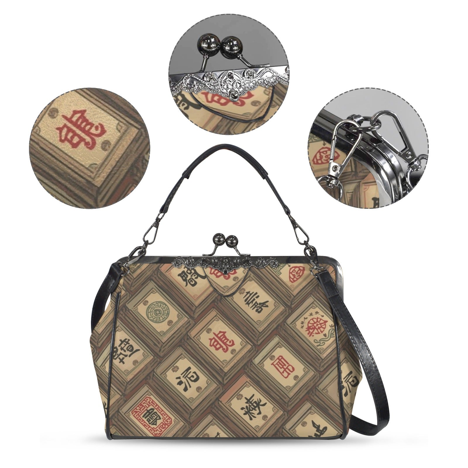 Mahjong Tile Vintage Kisslock Crossbody Shoulder Bag, Trendy And Stylish