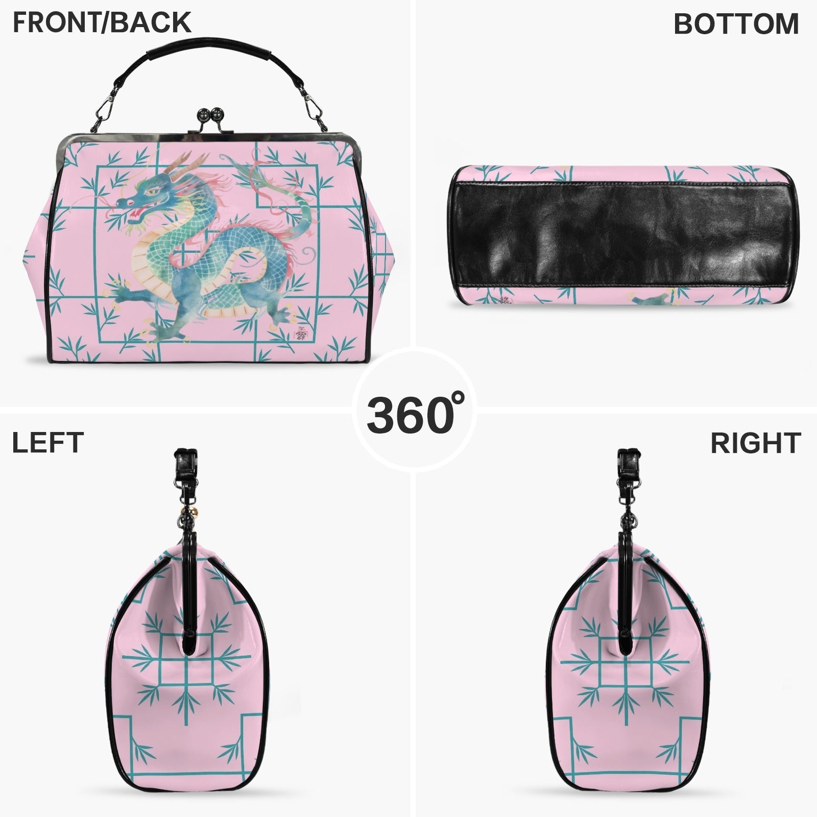 Hot Pink Watercolor Dragon Preppy Kisslock Handbag, Shoulder Bag Kisslock Crossbody Shoulder Bag