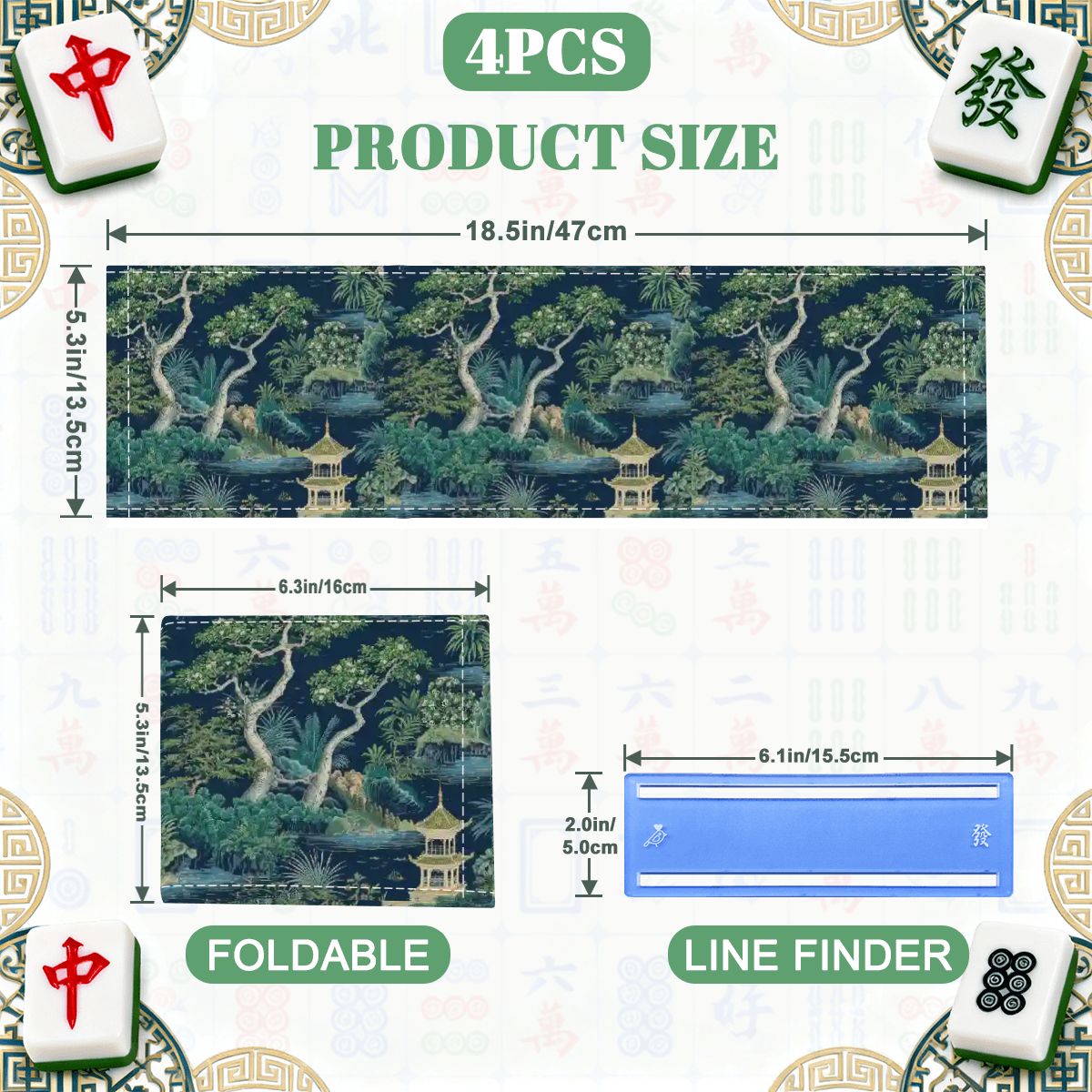 Asian Zen Garden Chinoiserie Blue, Green Designed 4 Mahjong Card Holder with Line Finder