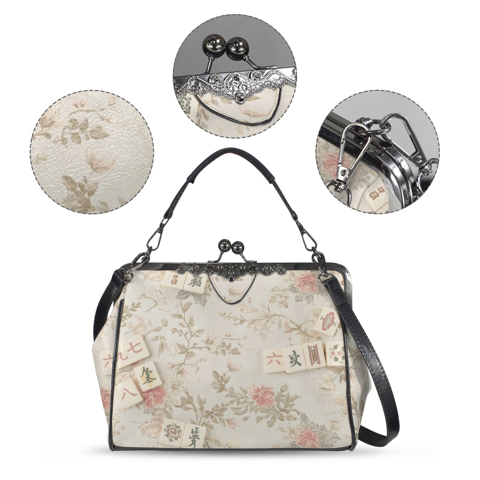 Vintage Floral Mahjong Lover Preppy Kisslock Crossbody Shoulder Bag