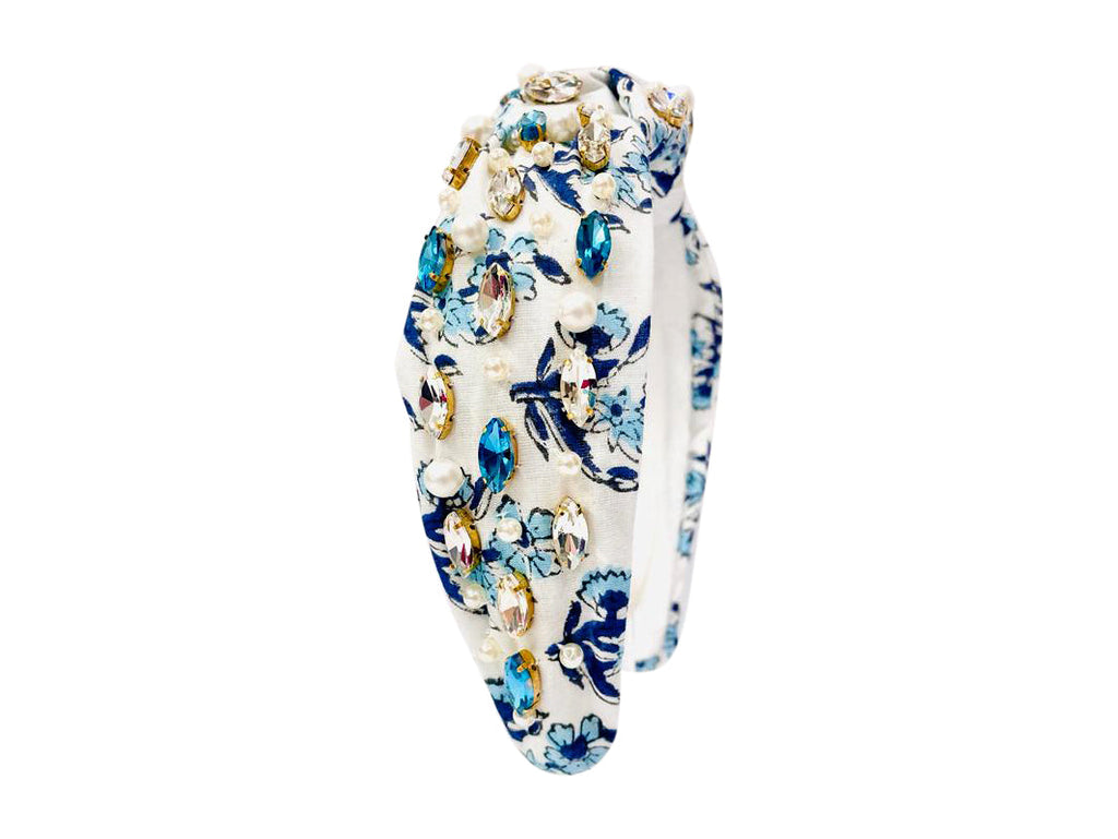 Spring Floral Print Headband - Blue and Clear Rhinestone