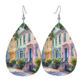 Charleston South Carolina Rainbow Row Leather Teardrop Earrings