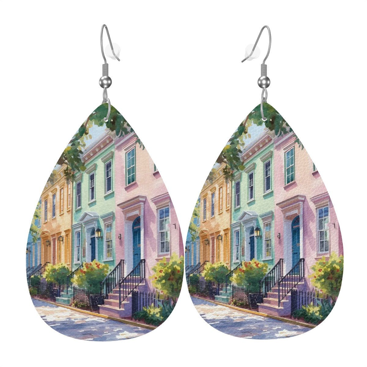 Charleston South Carolina Rainbow Row Leather Teardrop Earrings