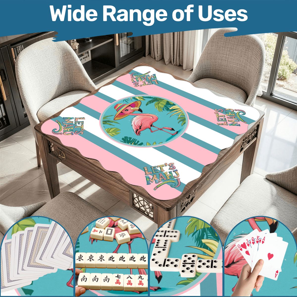 Let's Mahj Tropical Flamingo Pink And White Striped Scalloped Mahjong Mat