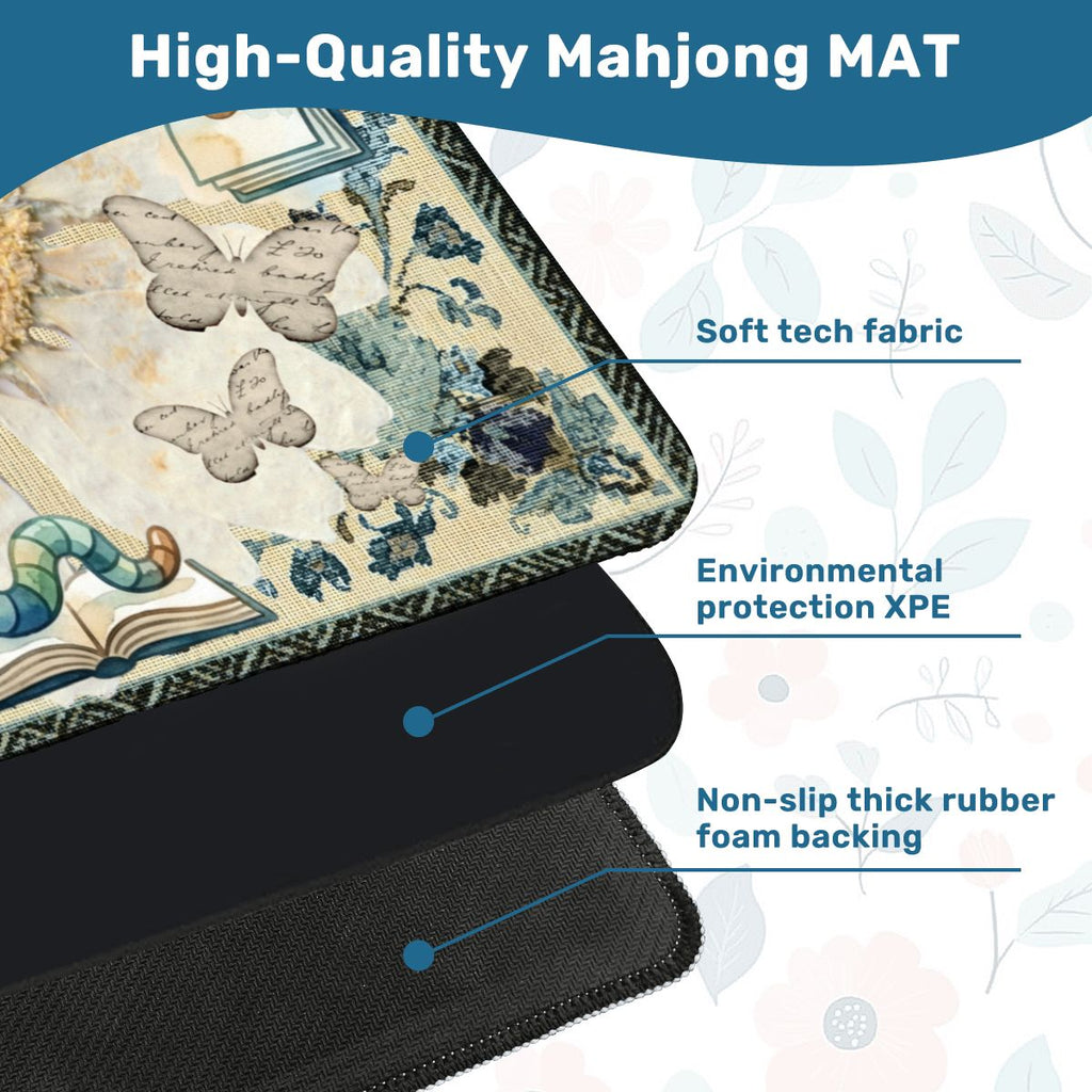 Once Upon A Mahjong Ink And Ivory Faux Embroidered Book Worm Mahjong Mat