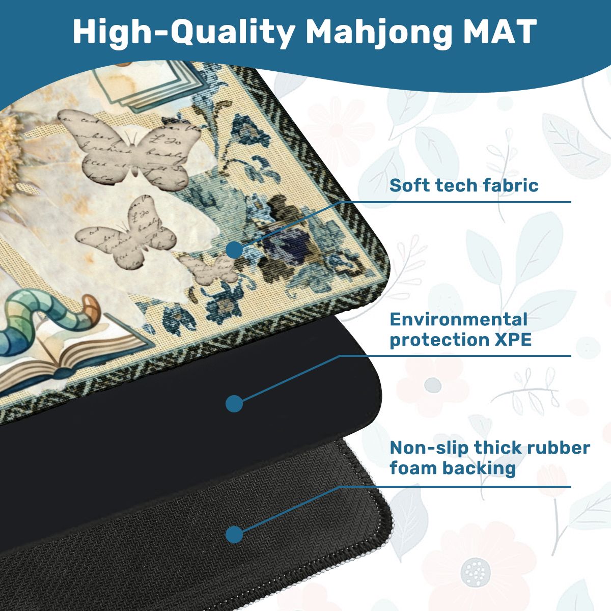 Once Upon A Mahjong Ink And Ivory Faux Embroidered Book Worm Mahjong Mat