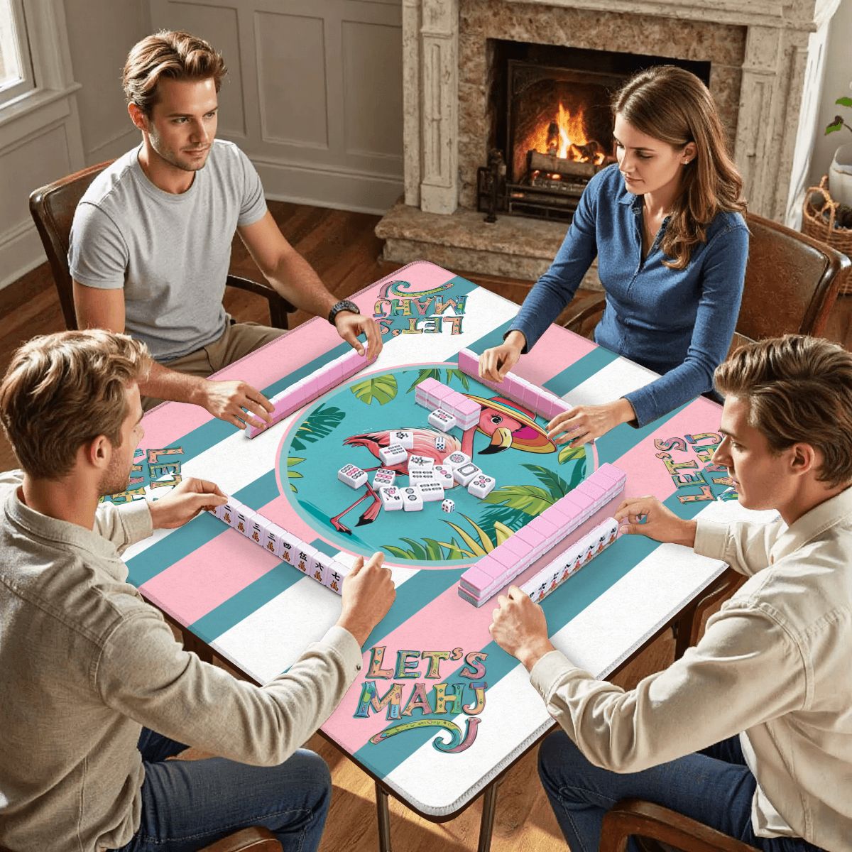 Let's Mahj, Tropical Flamingo Pink, White And Aqua Mahjong Mat