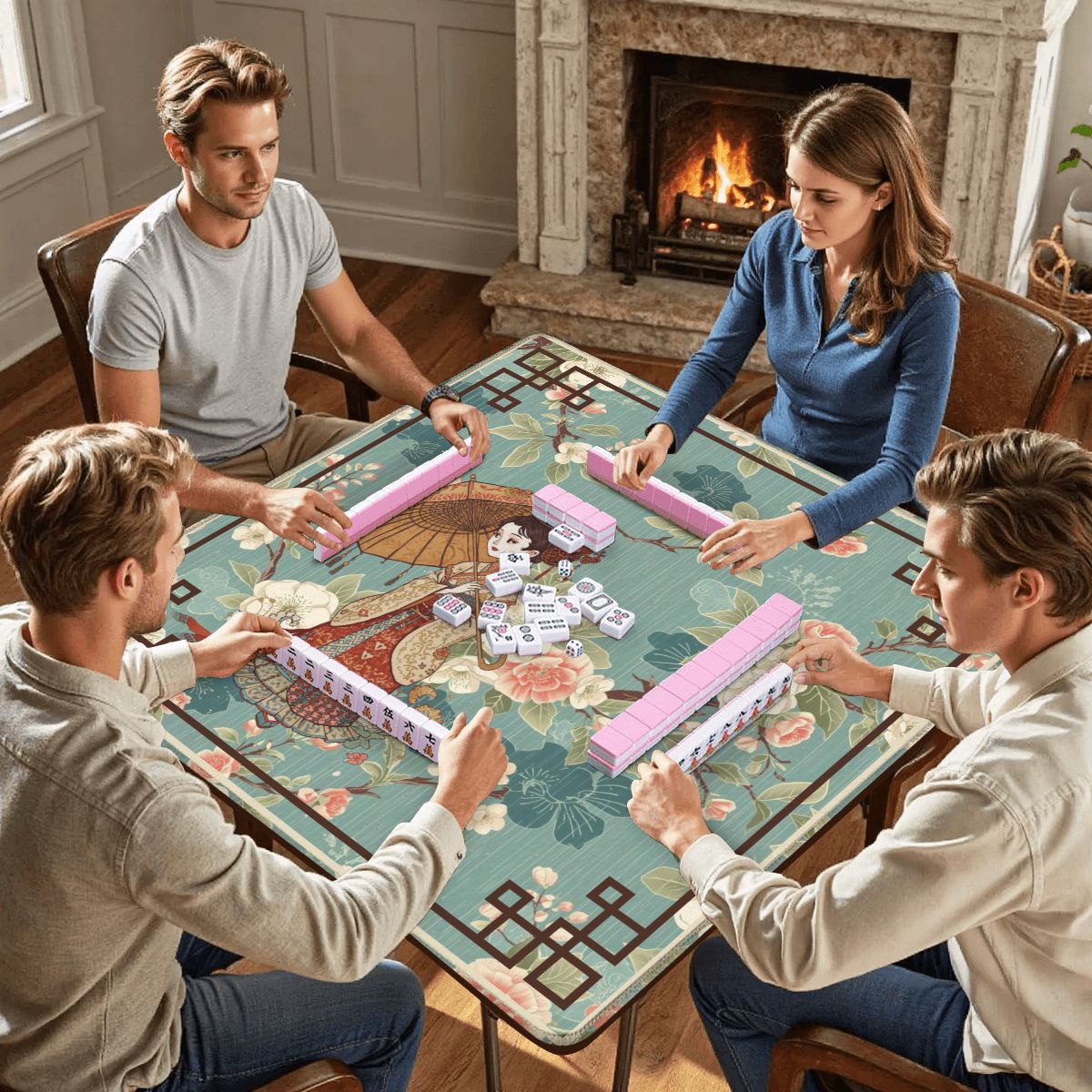 April Showers Asian Geisha Cherry Blossoms Vintage Inspired Mahjong Mat