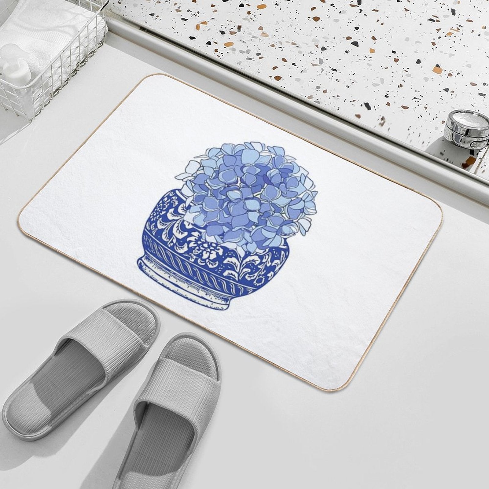 Blue And White Vase with Blue Hydrangeas  Versatile Bath Mat