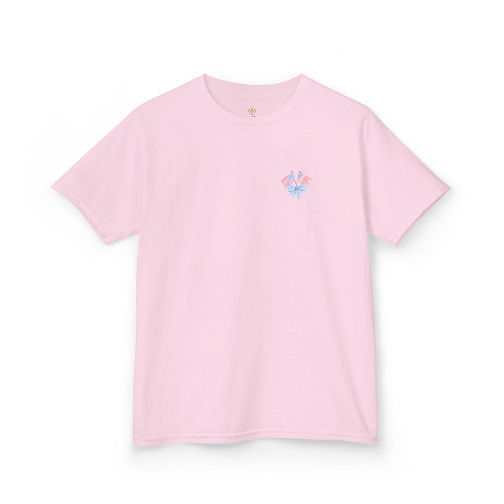 Bee Patriotic American Flag with Bow Girls Short Sleeve Youth Heavy Cotton Gildan Hive Tee