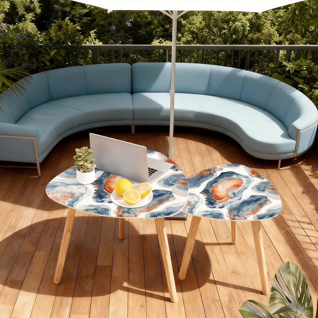 Watercolor Blue Oyster Modern Nesting Tables Triangle Coffee Table Set of 2