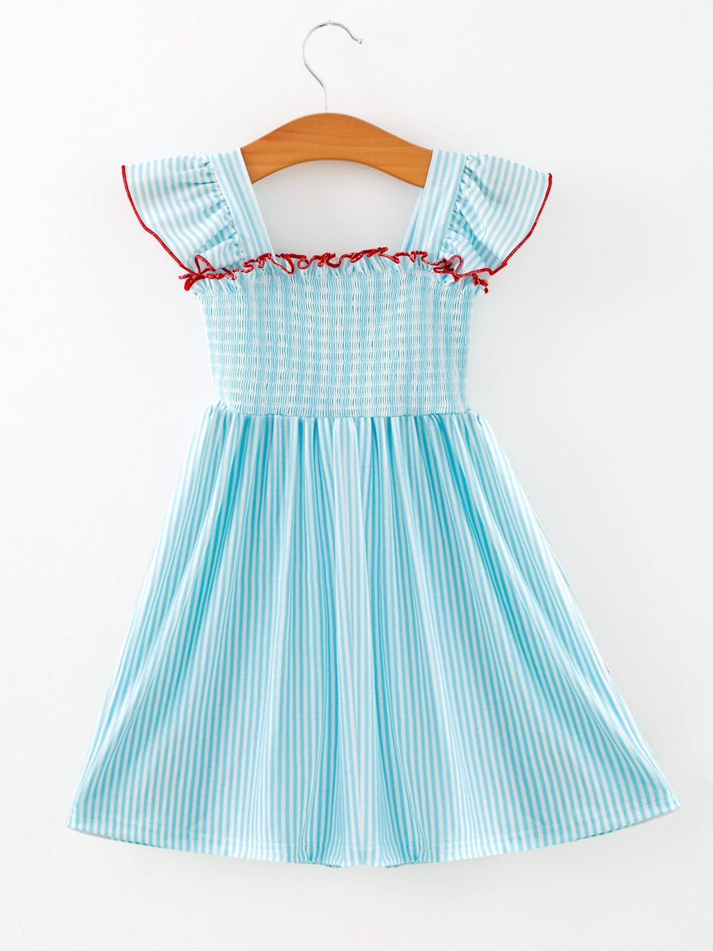 Girls Blue Striped Baseball Applique Smocked Dress Flutter Sleeves