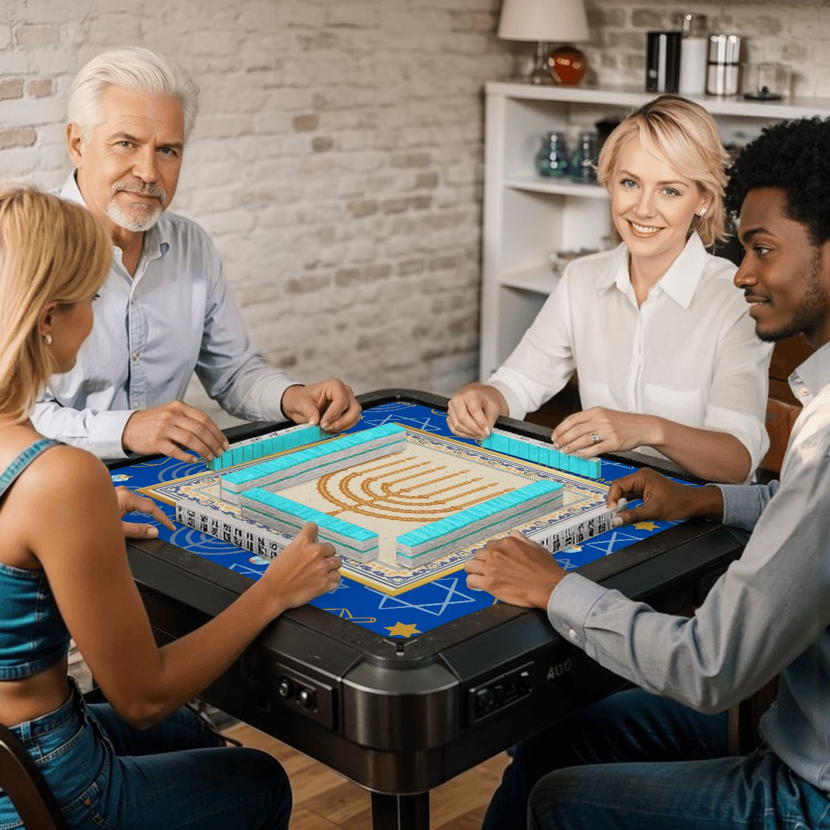 Hanukkah Mahjong Mat With Menorah And Dreidels