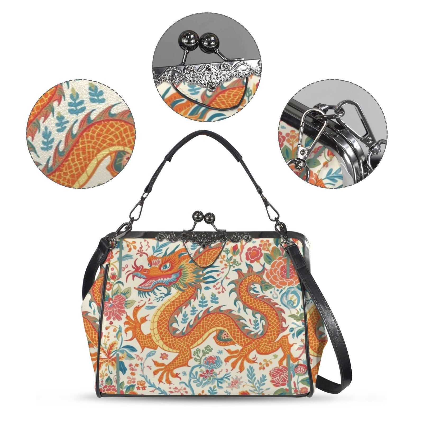 Asian Dragon Bold And Eclectic Modern Vintage Kisslock Shoulder Handbag