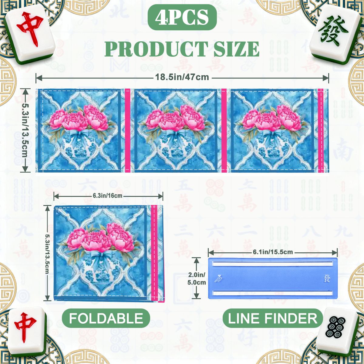 Pink Peony Watercolor Blue, 4 Mahjong Card Holder with Line Finder