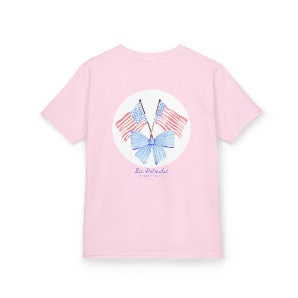 Bee Patriotic American Flag with Bow Girls Short Sleeve Youth Heavy Cotton Gildan Hive Tee