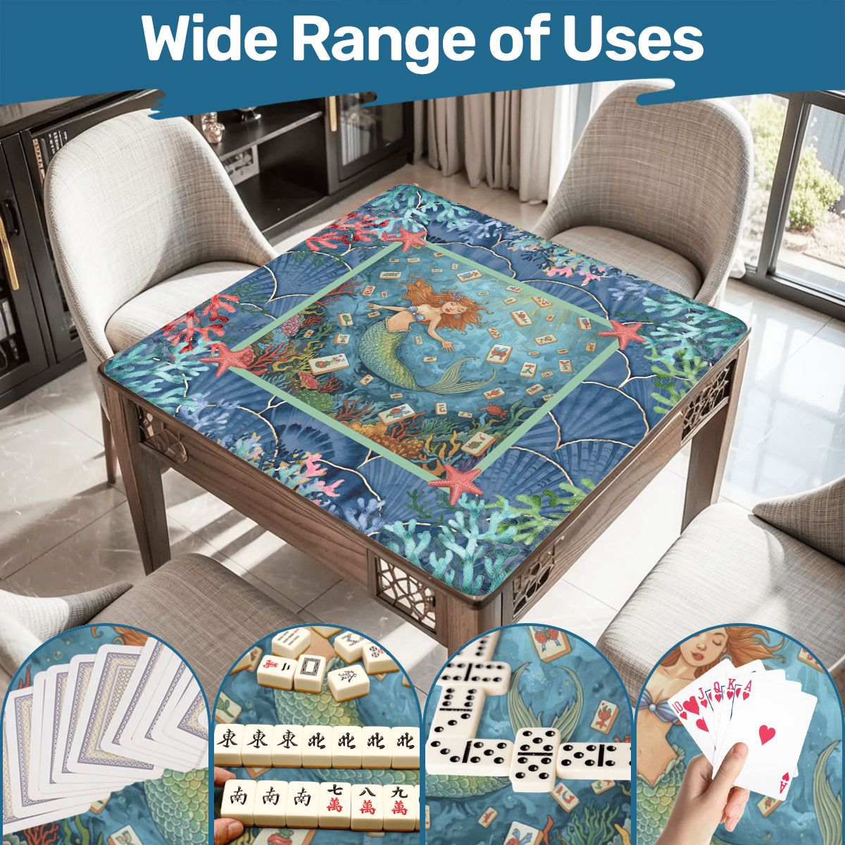 Mermaid Mahjong Mat, Sea Of Life Marbled Blue And Coral Reef