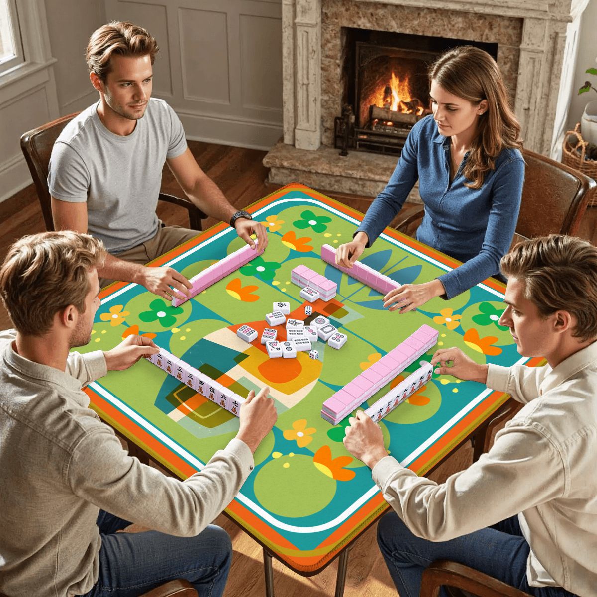 The Modern Four Seasons Mahjong Mat, Orange Teal Green Mahj Mat