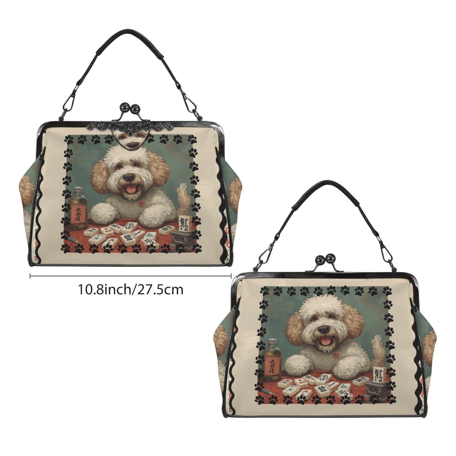 Mahjong Doodle Dog, Whimsical Vintage Style Kisslock Crossbody Shoulder Bag