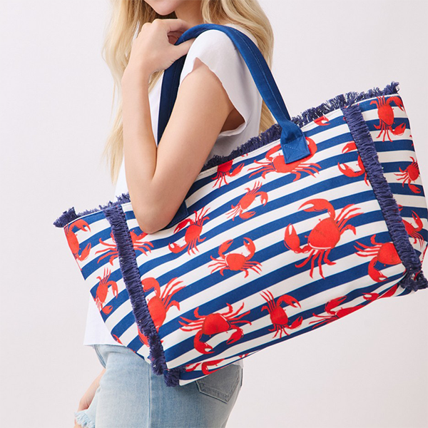 Crab Stripe Fringe Tote Navy