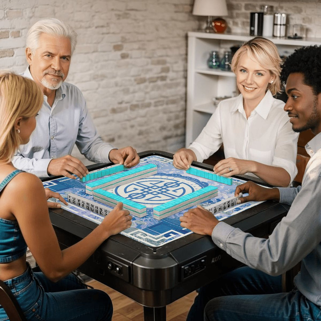Asian Blue Chinoiserie Mahjong in the Moon Garden Mahjong Mat
