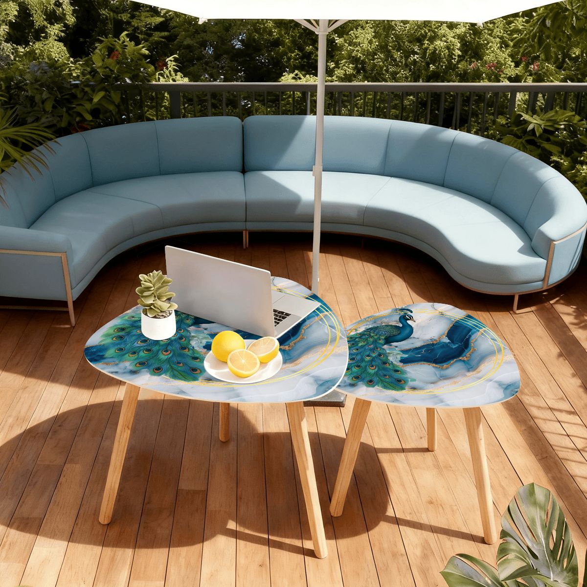 Elegant Peacock Blue Lagoon Modern Nesting Tables Set of 2