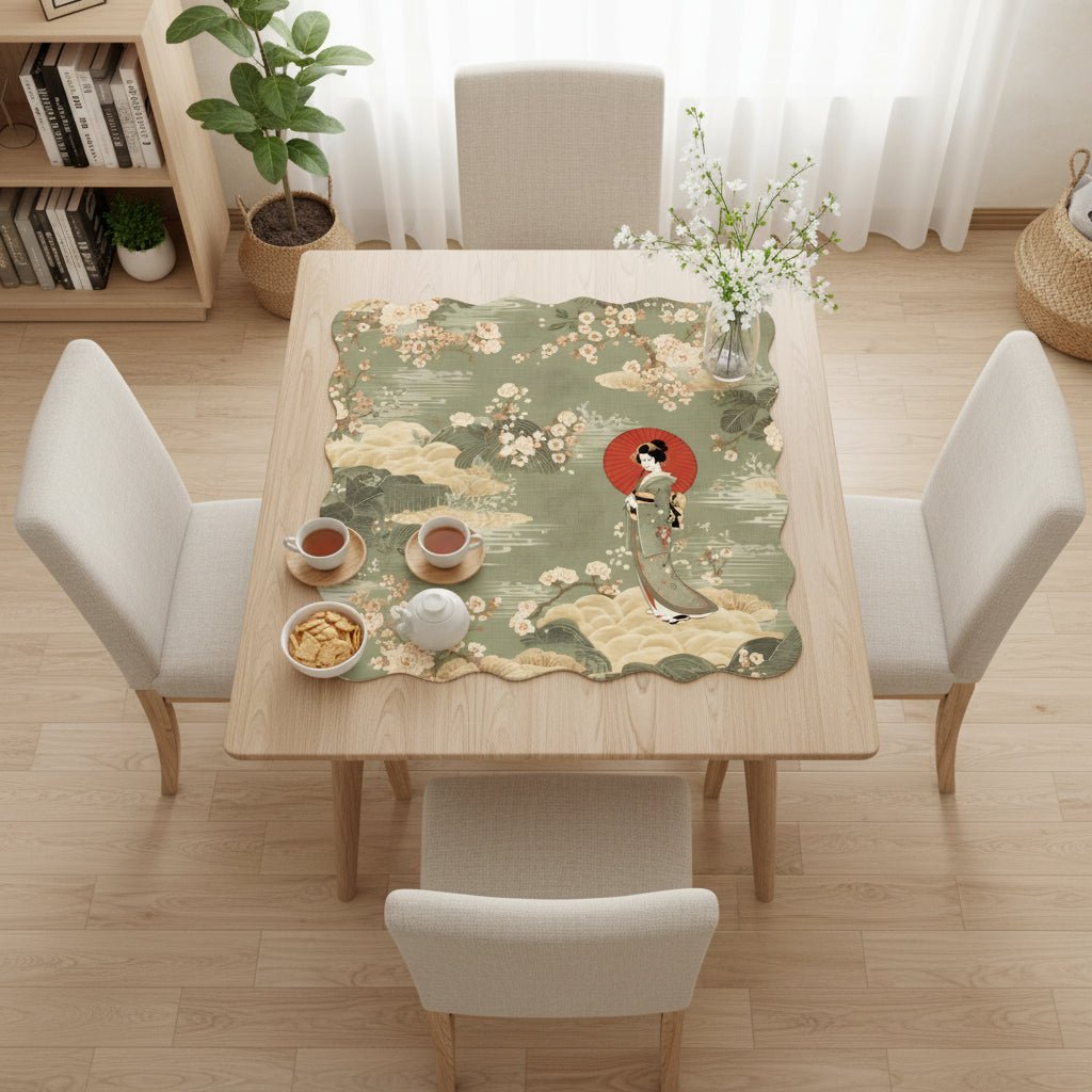 Floral Asian Geisha Girl Scalloped Mahjong Mat