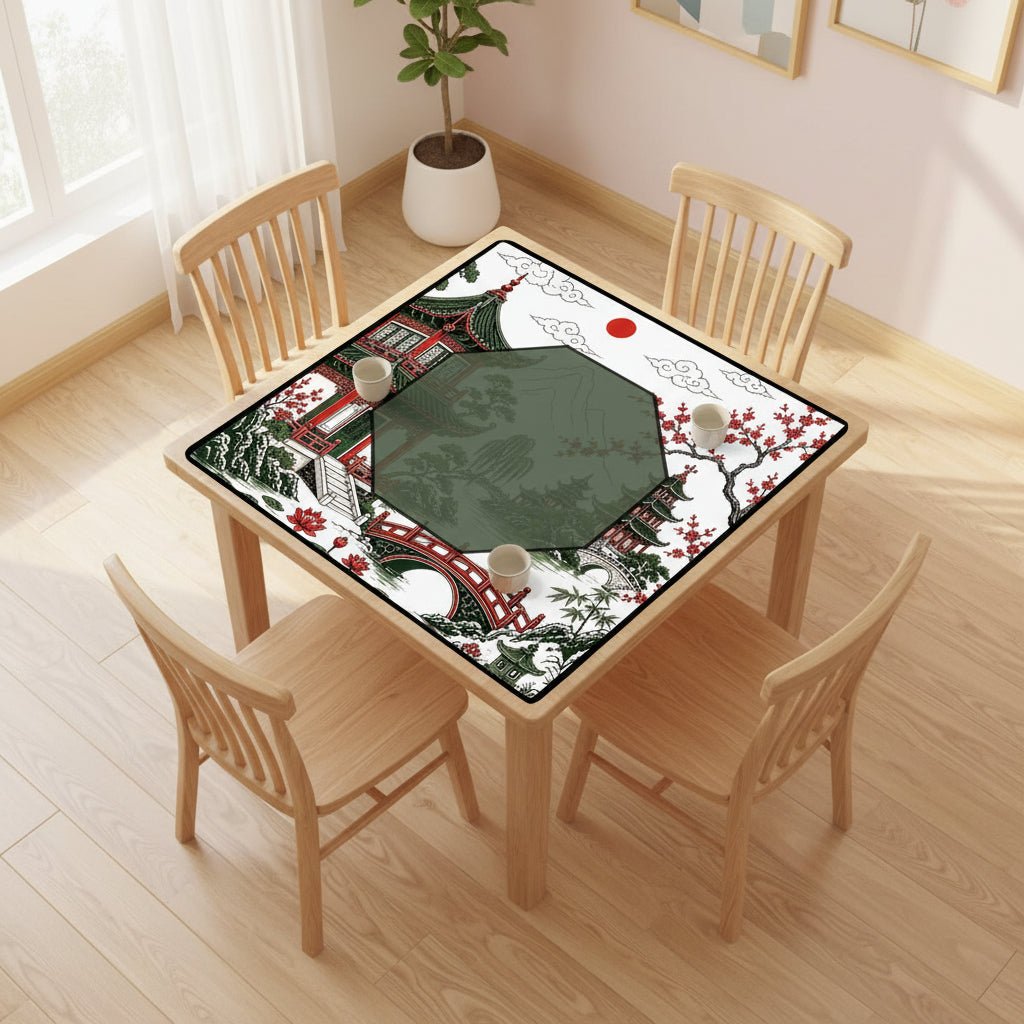 Asian Chinoiserie Pagoda Black, Red Green Mahjong Mat