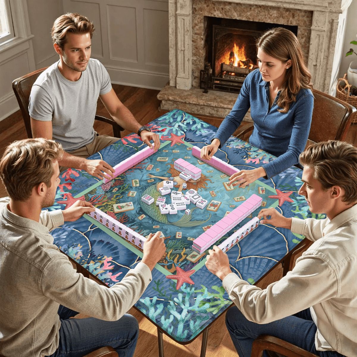 Mermaid Mahjong Mat, Sea Of Life Marbled Blue And Coral Reef