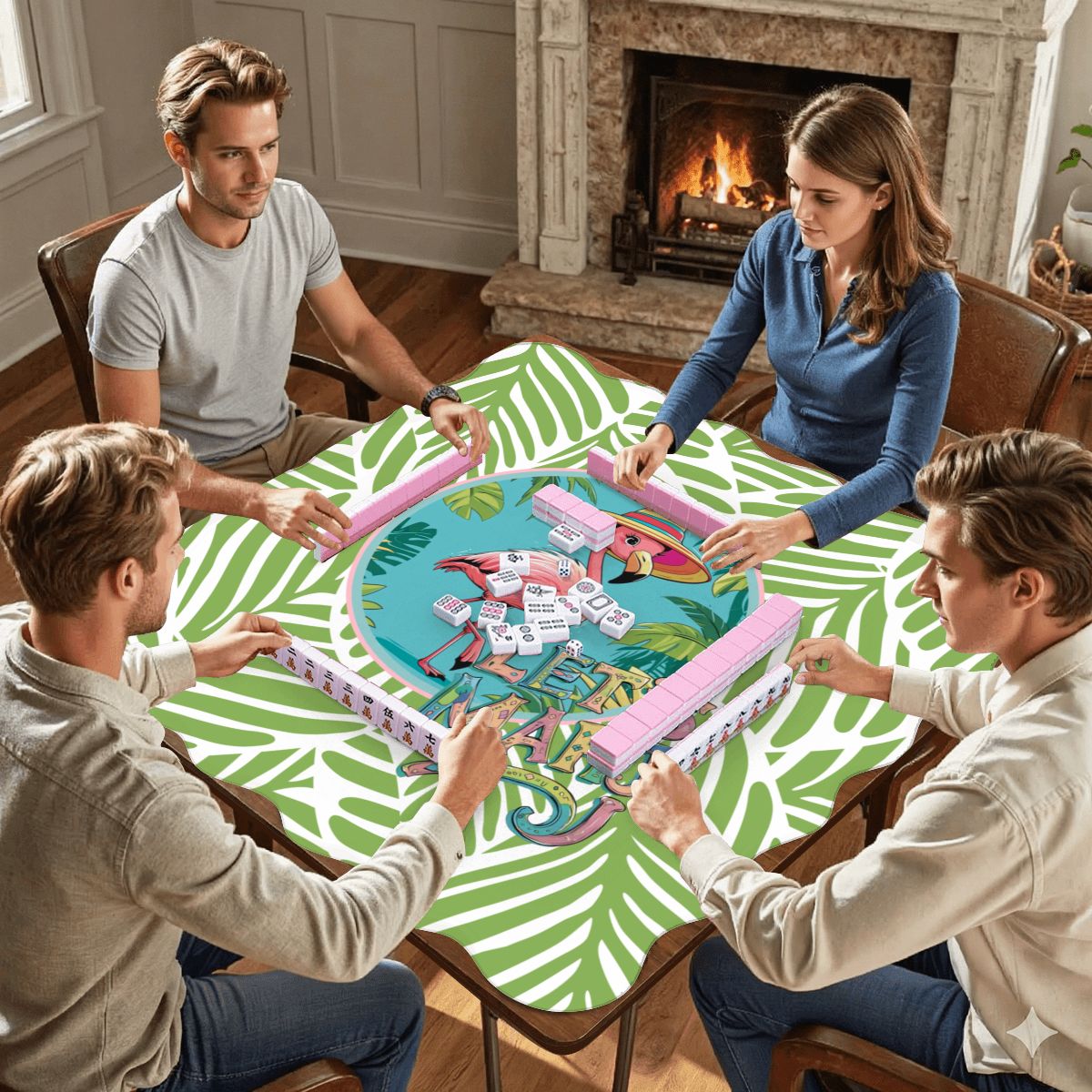 Tropical Flamingo Green And Pink Scalloped Mahjong Mat