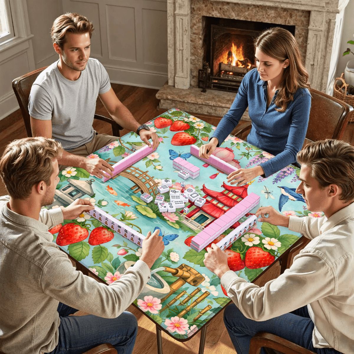 Strawberry Pagoda Garden Watercolor Mahjong Mat