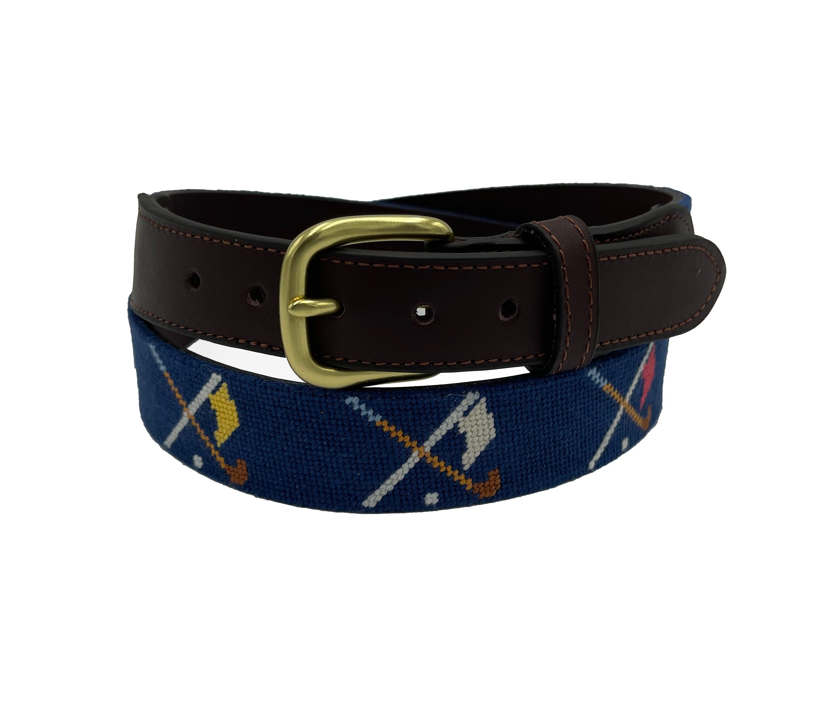 Golf Clubs and Flags Crossed Needlepoint Belt