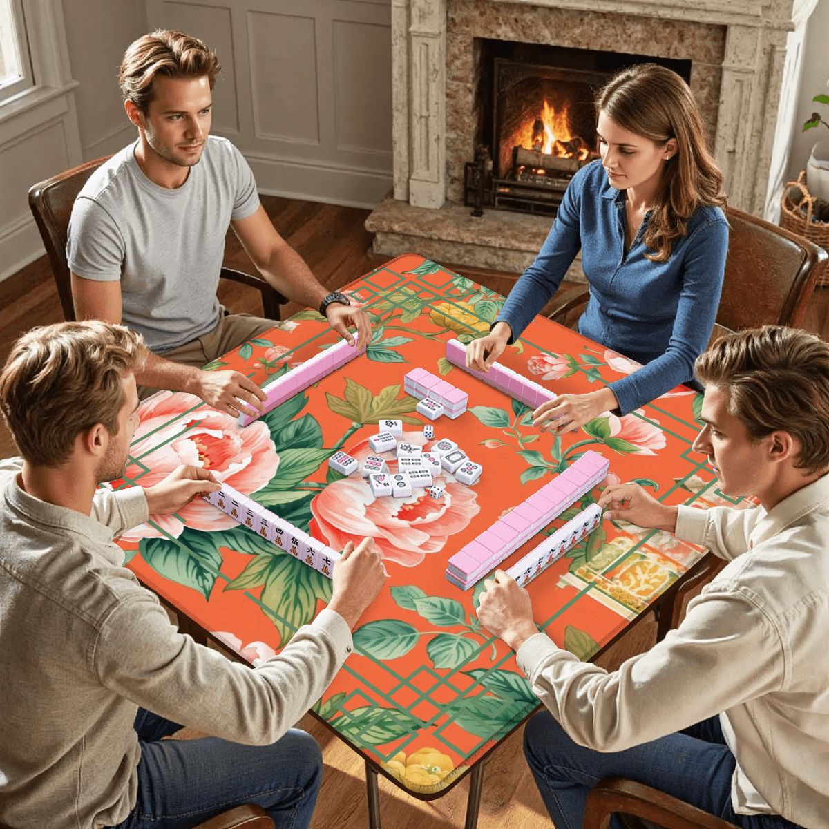 Chinoiserie Blooming Peonies Mahjong Mat