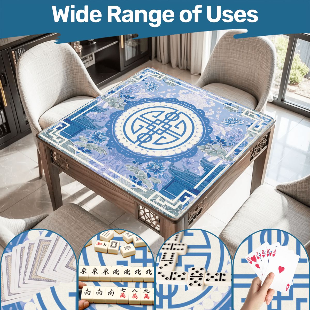 Asian Blue Chinoiserie Mahjong in the Moon Garden Mahjong Mat