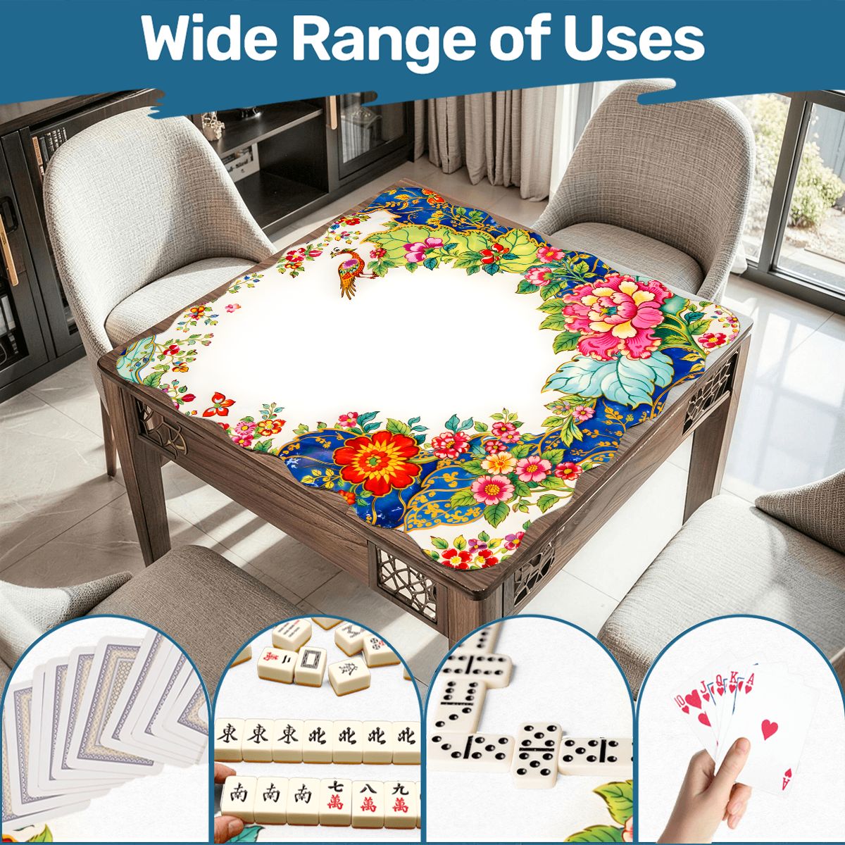 Tobacco Leaf Asian Chinoiserie Floral Scalloped Mahjong Mat